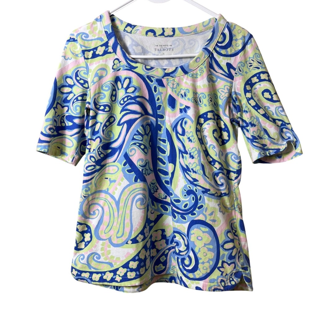 Talbots Paisley Floral Tee Size S Blue Green Pink Preppy Coastal Cottagecore Top